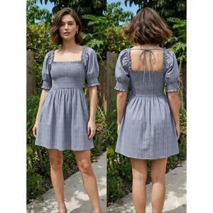 Hill House Athena Nap Dress Tai Check Plaid Smocked Puff Sleeves SZ S